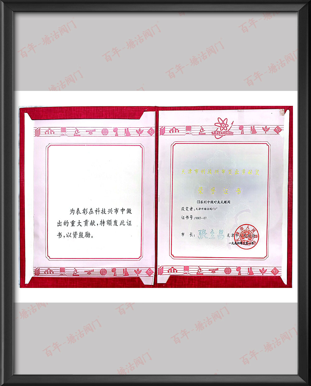 1994年天津市科技興市突出貢獻(xiàn)獎(jiǎng)榮譽(yù)證書